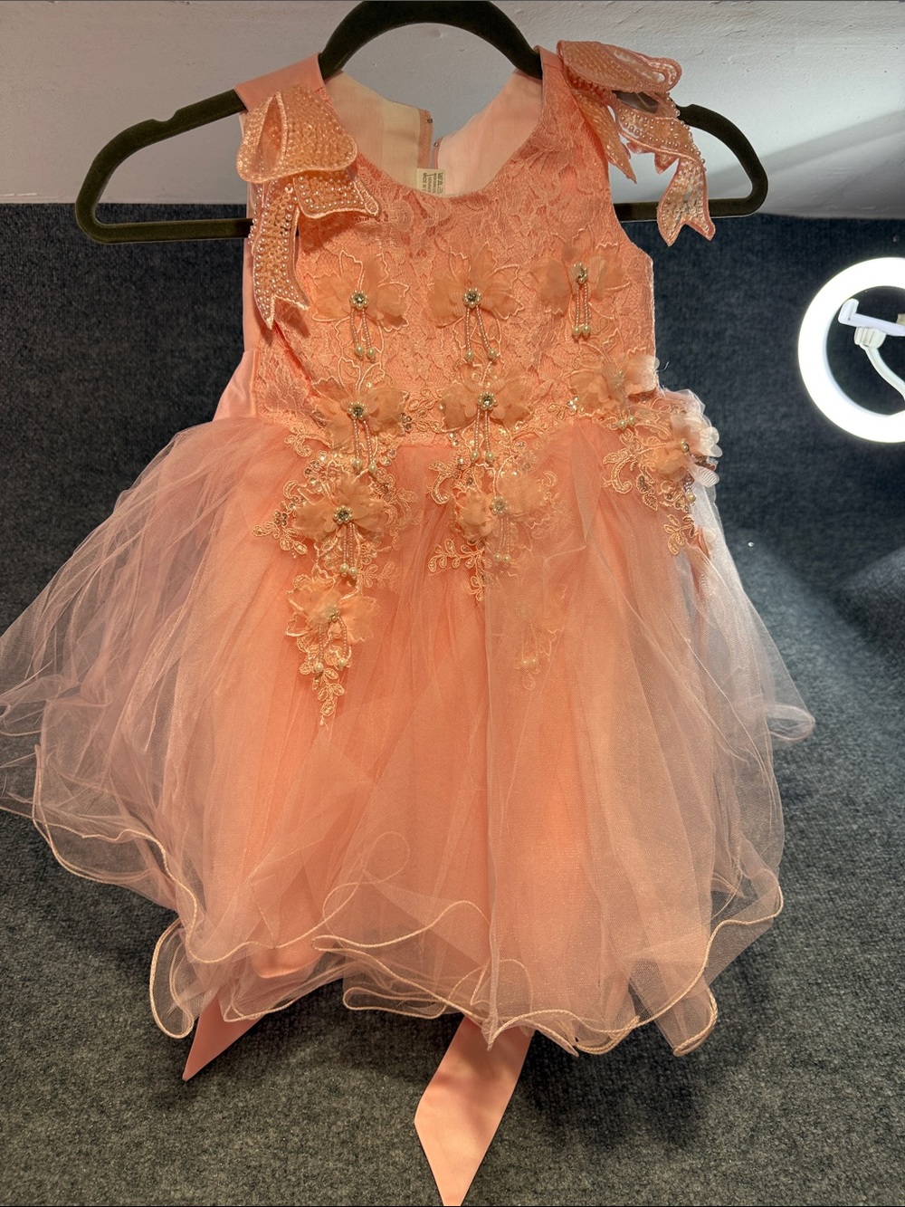 Girls Peach Floral Lace Tulle Party Dress with Bow Straps